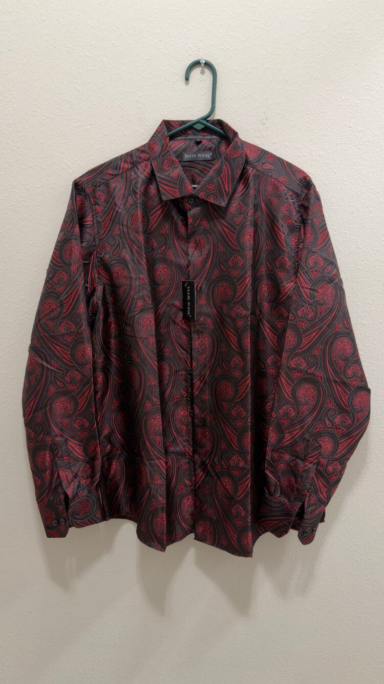 Barry.Wang Men's Luxury Paisley Silk Button Down Shirt Burgundy Black L NWT